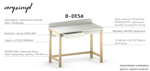 Wysyłka w 24h! B-DES8 Białe biurko na białym stelażu. Biurko dla dziecka, młodzieżowe z przegrodą i szufladami.