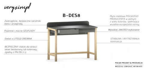 B-DES8 grafitowe, szare biurko dla dziecka, młodzieżowe z przegrodą i szufladami