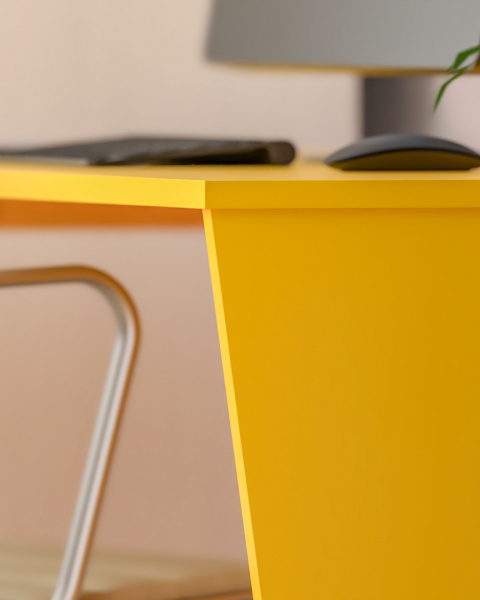 Wysyłka w 24h! B-EDGE2 ŻÓŁTE biurko z drewnianą nogą, asymetryczny kształt 120x60