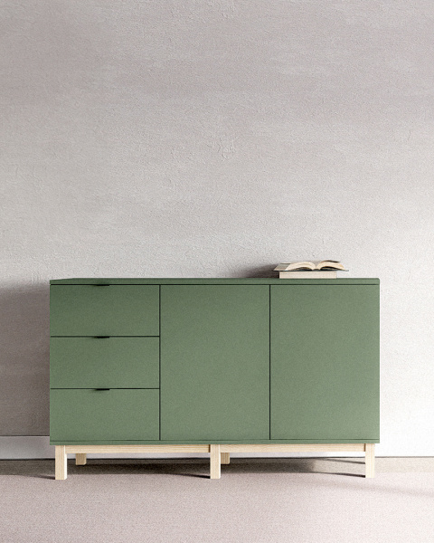 kom-model2 (1.3) zielona komoda z szafkami i szufladami na drewnianych nogach, smoke green kom-model2 (1.3) zielona komoda z szafkami i szufladami na drewnianych nogach, smoke green