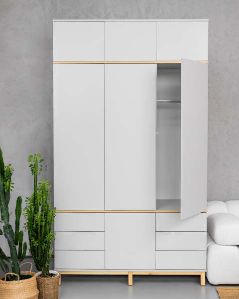 SZ-MODEL-3.3 szara, wysoka szafa trzykolumnowa do sypialni lub przedpokoju, stone grey